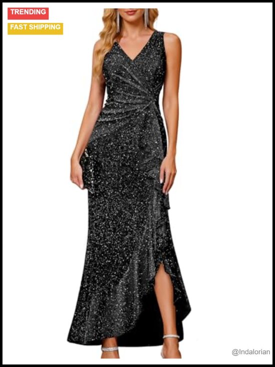 Dresses & Skirts - Sequin Formal Long Ruffle Dress V-Neck Backless Cocktail Gown
